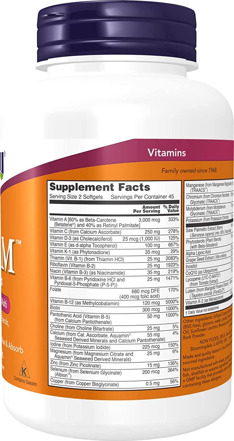 NOW Supplements, ADAM Men's Multivitamin with Saw Palmetto, Plant Sterols, Lycopene and CoQ10, 90 Softgels