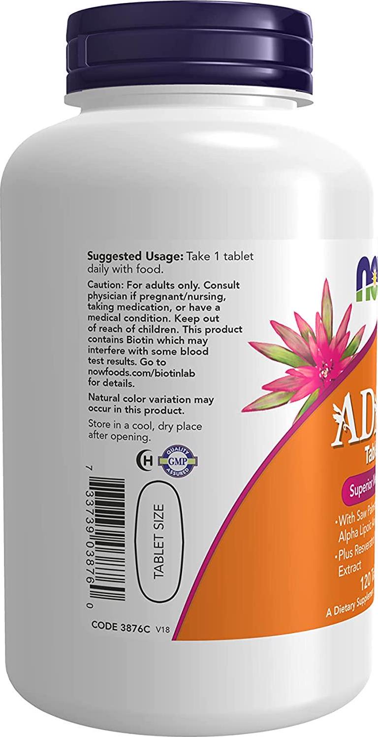 NOW Supplements, ADAM Men's Multivitamin with Saw Palmetto, Lycopene, Alpha Lipoic Acid and CoQ10, Plus Natural Resveratrol and Grape Seed Extract, 120 Tablets