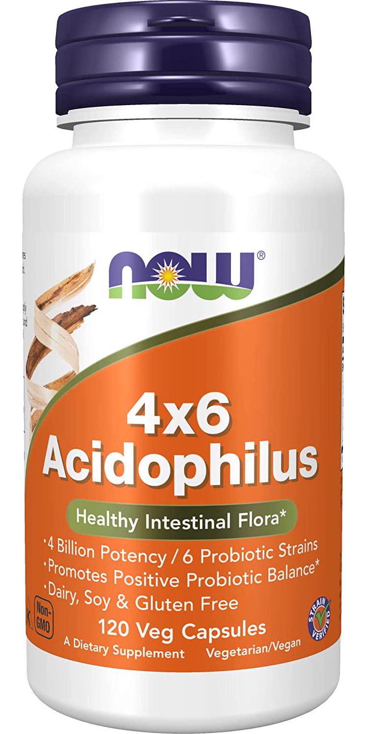 NOW Supplements, Acidophilus 4X6, 4 Billion Potency with 6 Probiotic Strains, Strain Verified, 120 Veg Capsules
