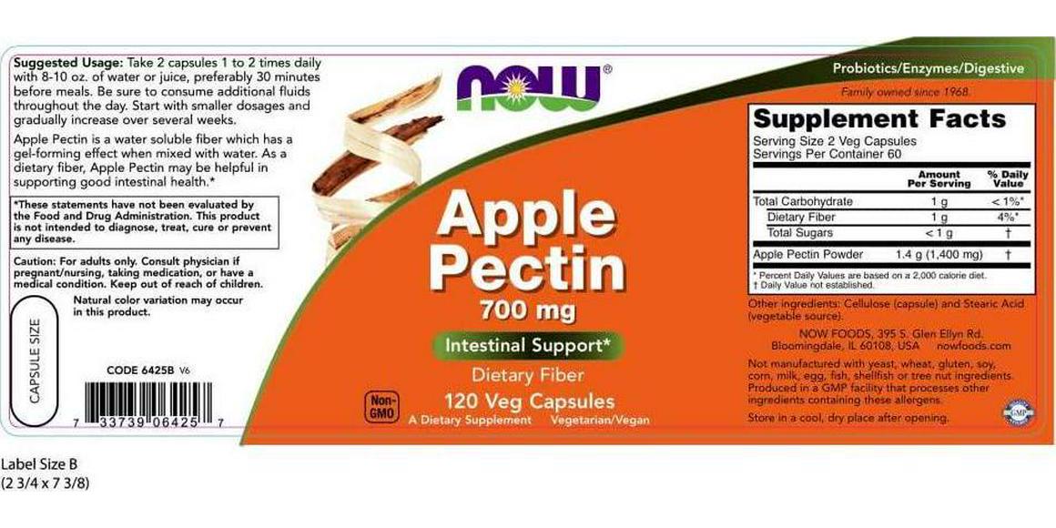 NOW Supplements, Apple Pectin 700 mg, Dietary Fiber, Intestinal Support*, 120 Veg Capsules