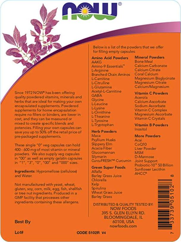 NOW Supplements, Empty Vegetarian Capsules, Single 0 , Filled by Weight, Non-GMO Project Verified, 300 Veg Capsules