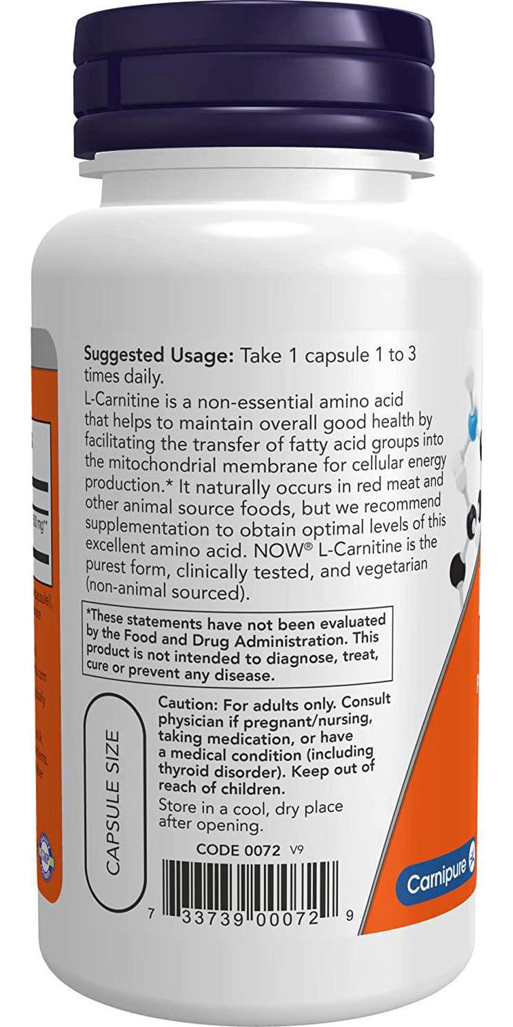 NOW Supplements, L-Carnitine 500mg, Purest Form, Amino Acid, Fitness Support*, 60 Veg Capsules