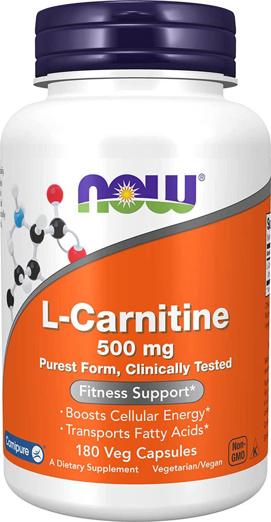 NOW Supplements, L-Carnitine 500mg, Purest Form, Amino Acid, Fitness Support*, 180 Veg Capsules
