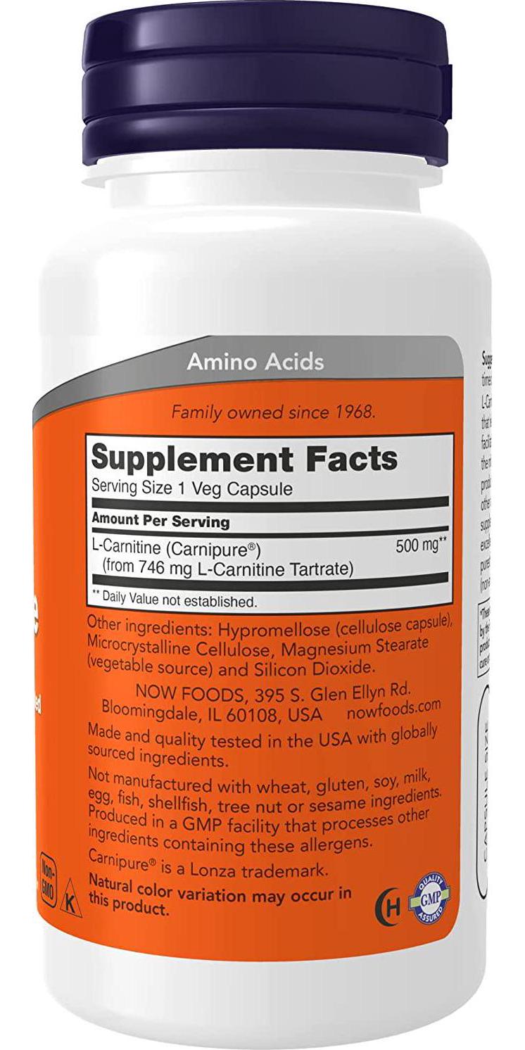 NOW Supplements, L-Carnitine 500mg, Purest Form, Amino Acid, Fitness Support*, 60 Veg Capsules