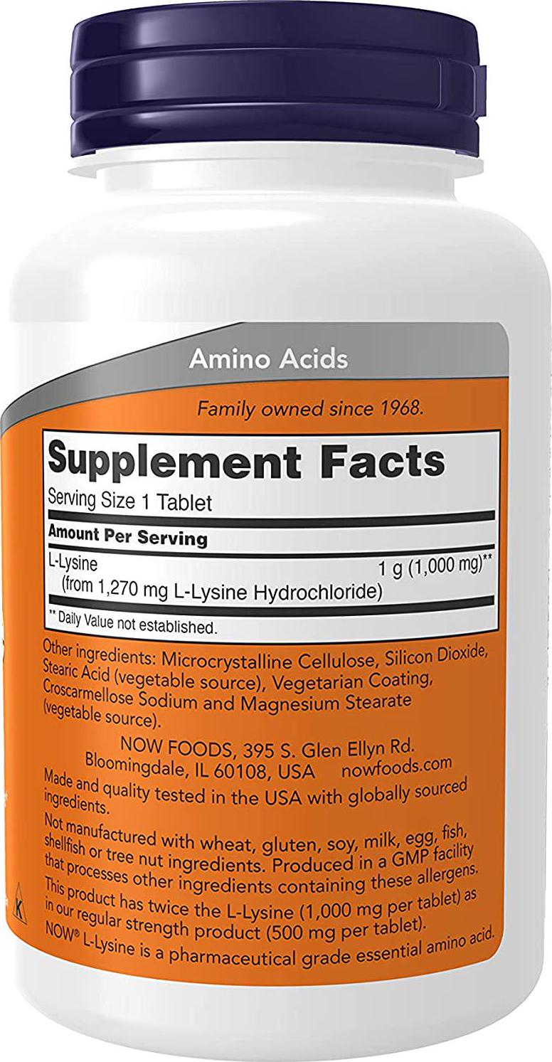 NOW Supplements, L-Lysine (L-Lysine Hydrochloride) 1,000 mg, Double Strength, Amino Acid, 100 Tablets