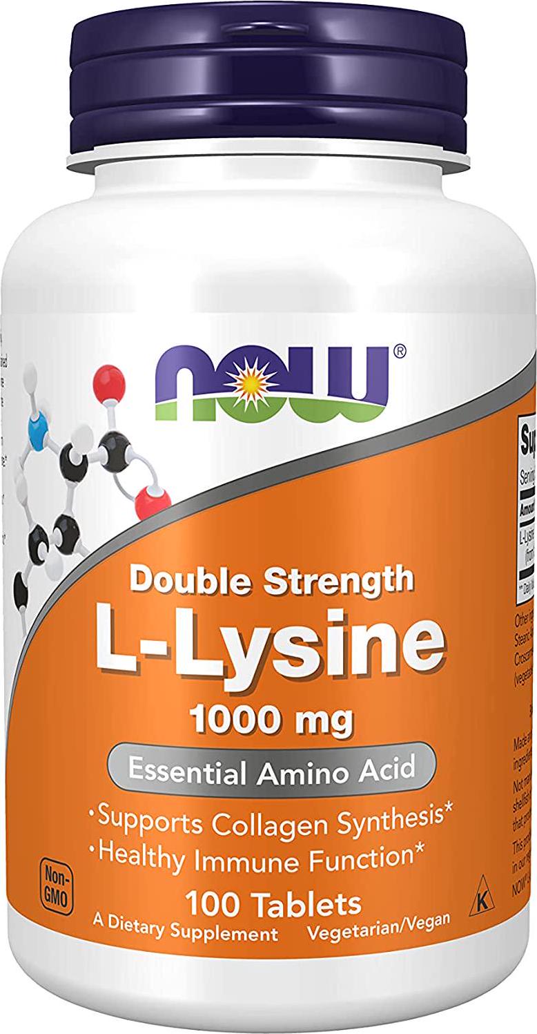 NOW Supplements, L-Lysine (L-Lysine Hydrochloride) 1,000 mg, Double Strength, Amino Acid, 100 Tablets
