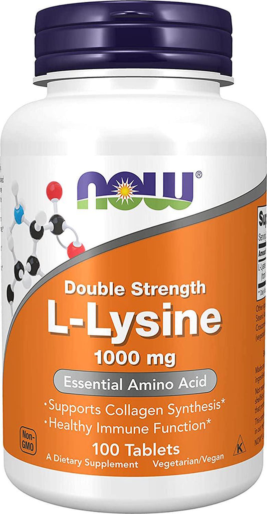 NOW Supplements, L-Lysine (L-Lysine Hydrochloride) 1,000 mg, Double Strength, Amino Acid, 100 Tablets
