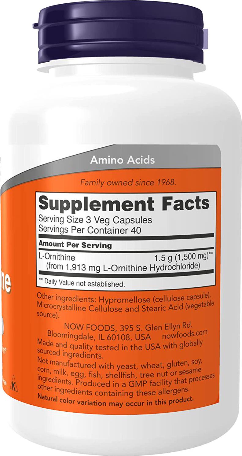 NOW Supplements, L-Ornithine (L-Ornithine Hydrochloride) 500 mg, Amino Acid, 120 Veg Capsules