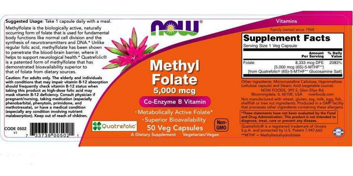 NOW Supplements, Methyl Folate 5000 mcg, Superior Bioavailability, 50 Veg Capsules