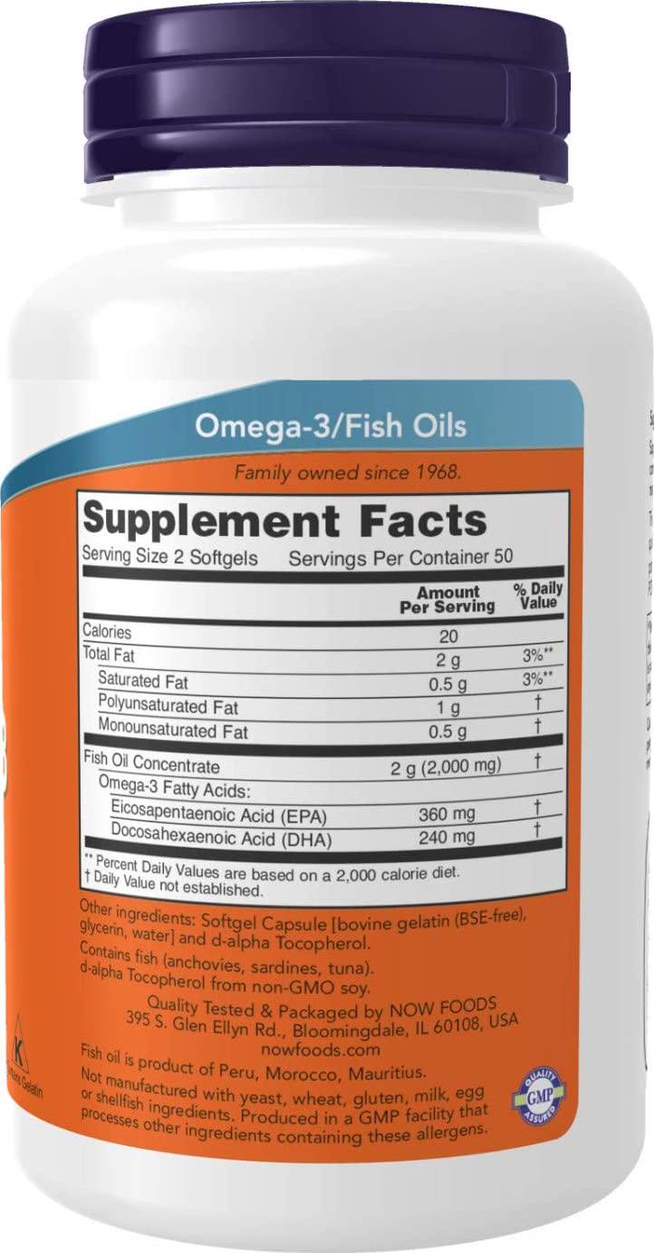 NOW Supplements, Omega-3 180 EPA / 120 DHA, Molecularly Distilled, Cardiovascular Support*, 100 Softgels