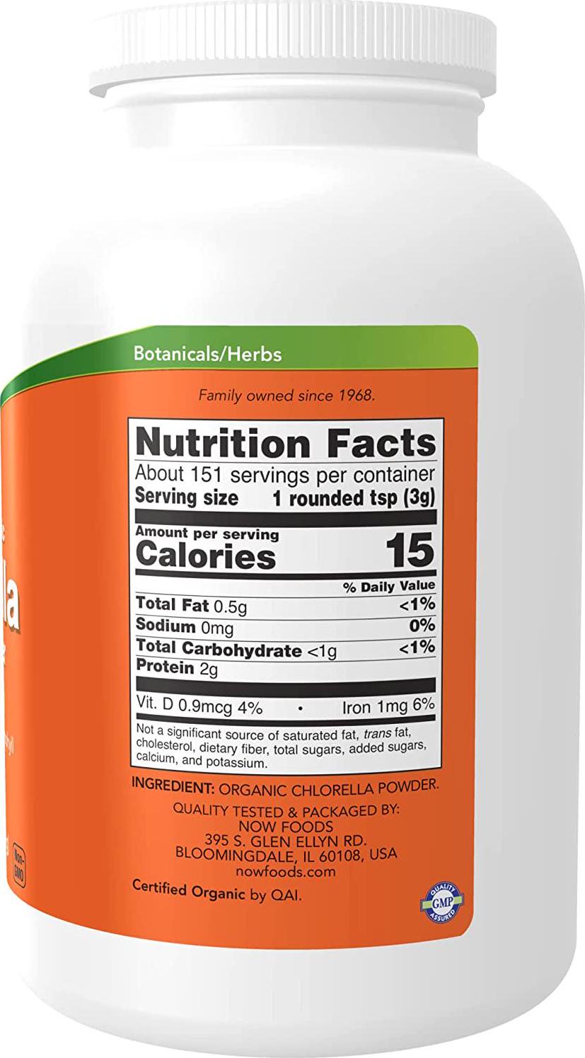 NOW Supplements, Organic Chlorella Powder with naturally occurring Chlorophyll, Beta-Carotene, mixed Carotenoids, Vitamin C, Iron and Protein, 1-Pound