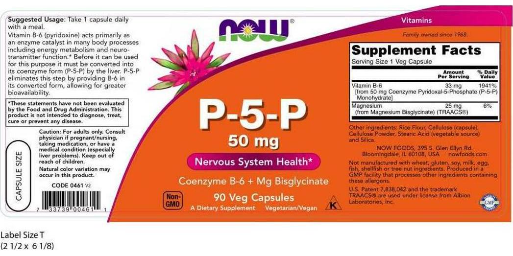 NOW Supplements, P-5-P 50 mg with Coenzyme B-6 + Mg Bisglycinate, 90 Veg Capsules