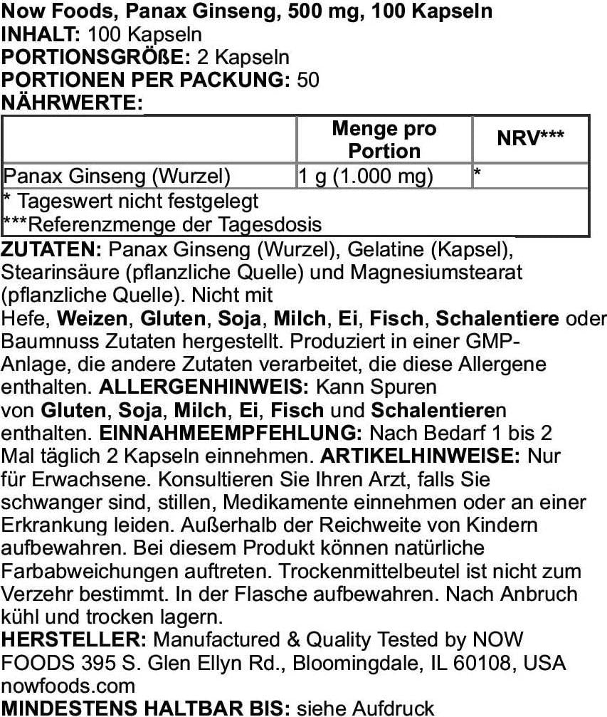 NOW Supplements, Panax Ginseng 500 mg, 100 Capsules