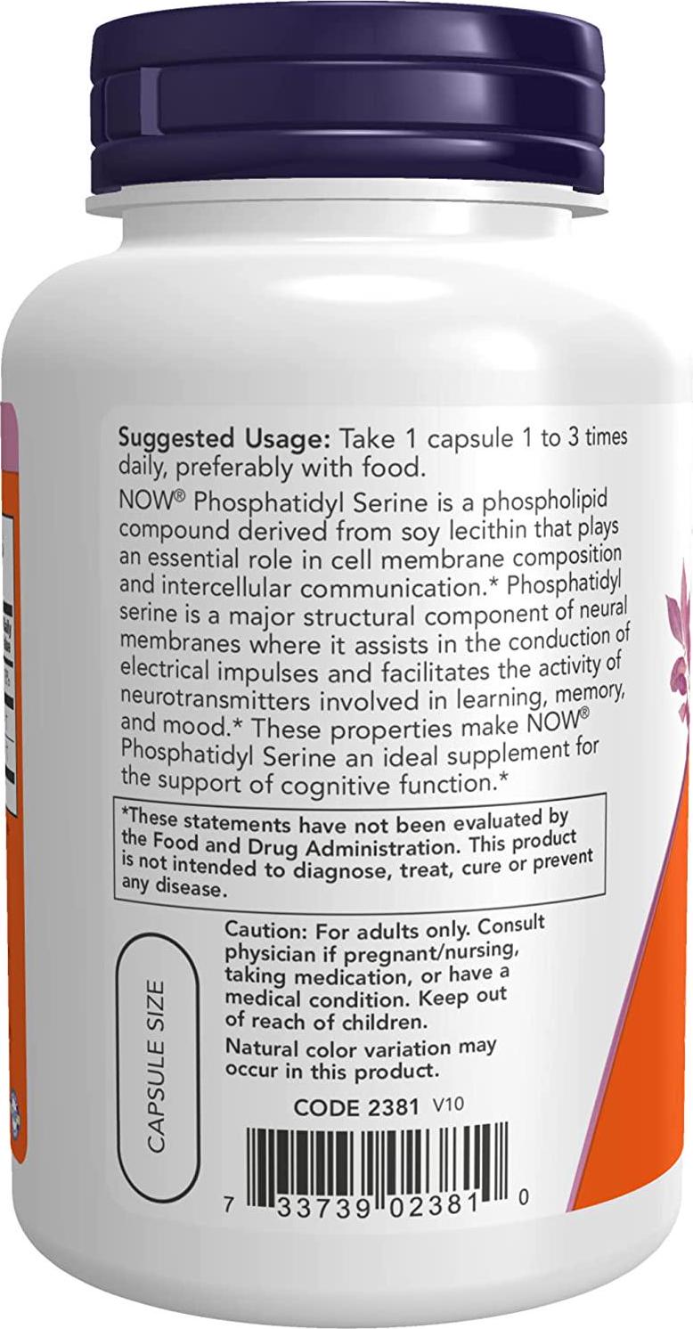 NOW Supplements, Phosphatidyl Serine 100 mg with Phospholipid compound derived from Soy Lecithin, 120 Veg Capsules
