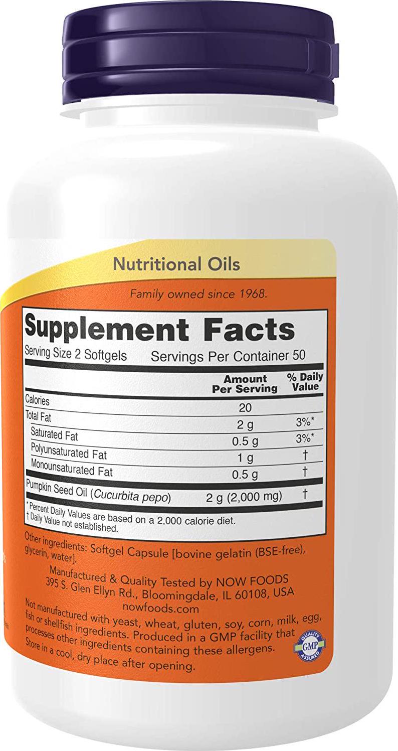 NOW Supplements, Pumpkin Seed Oil 1000 mg with Essential Fatty Acids and Phytosterols, Cold Pressed, 100 Softgels