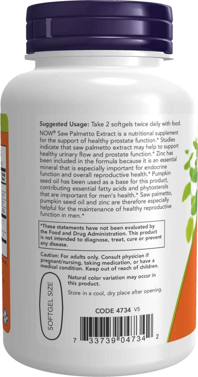 NOW Supplements, Saw Palmetto Extract with Pumpkin Seed Oil and Zinc, Men's Health*, 90 Softgels