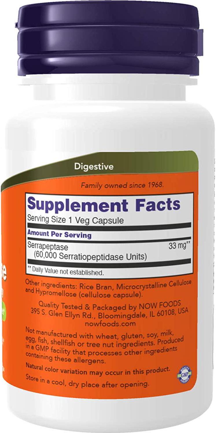 NOW Supplements, Serrapeptase 60,000 Units of Activity, Promotes Respiratory Health and Immune Function*, 60 Veg Capsules