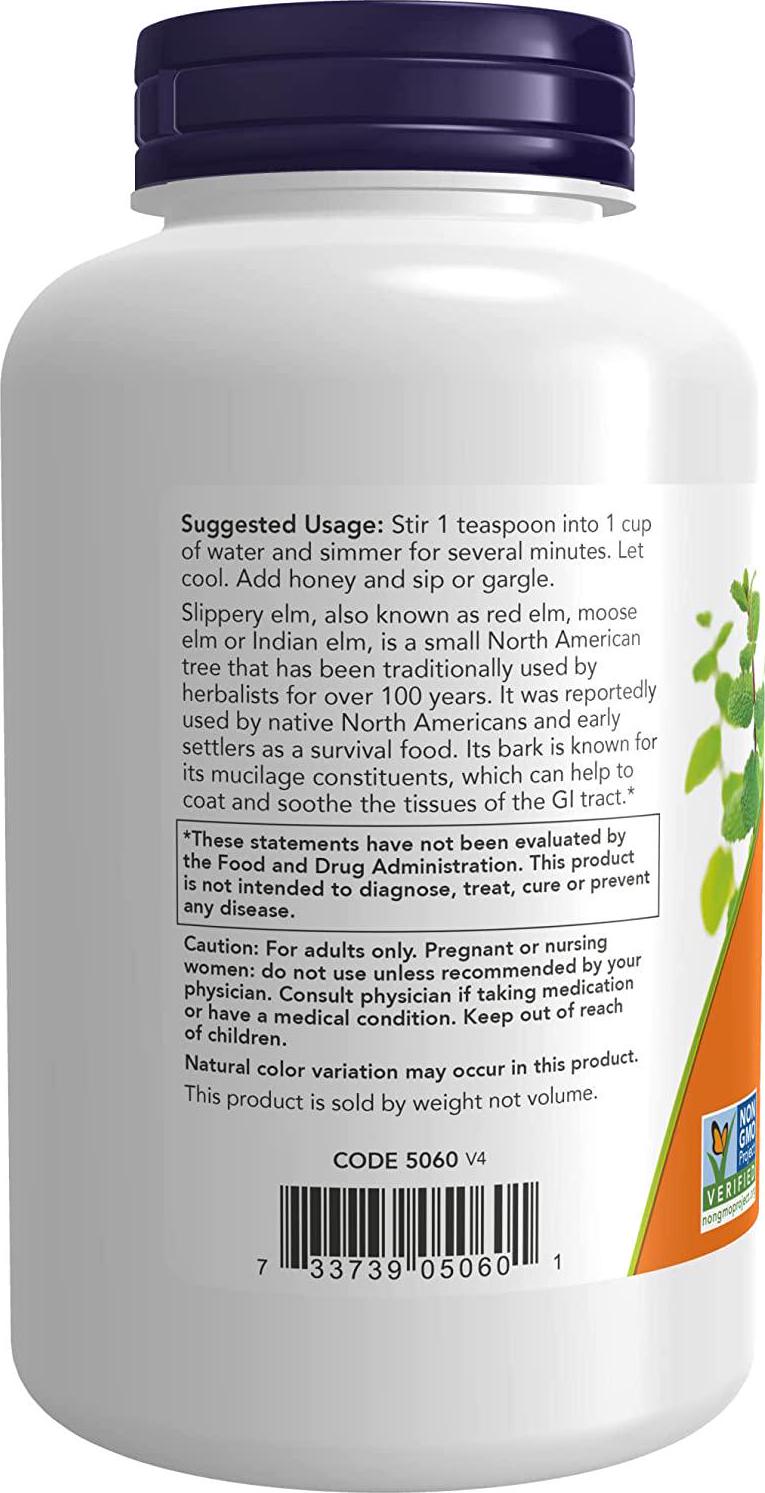 NOW Supplements, Slippery Elm Powder (Ulmus rubra), Non-GMO Project Verified, Herbal Supplement, 4-Ounce
