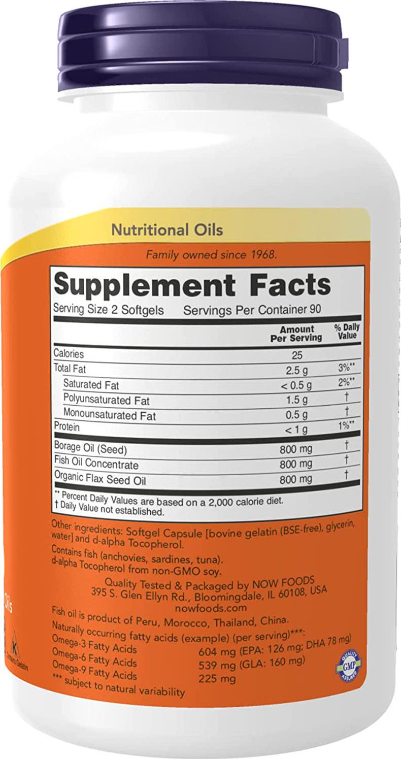 NOW Supplements, Super Omega 3-6-9 1200 mg with a blend of Fish, Borage and Flax Seed Oils, 180 Softgels