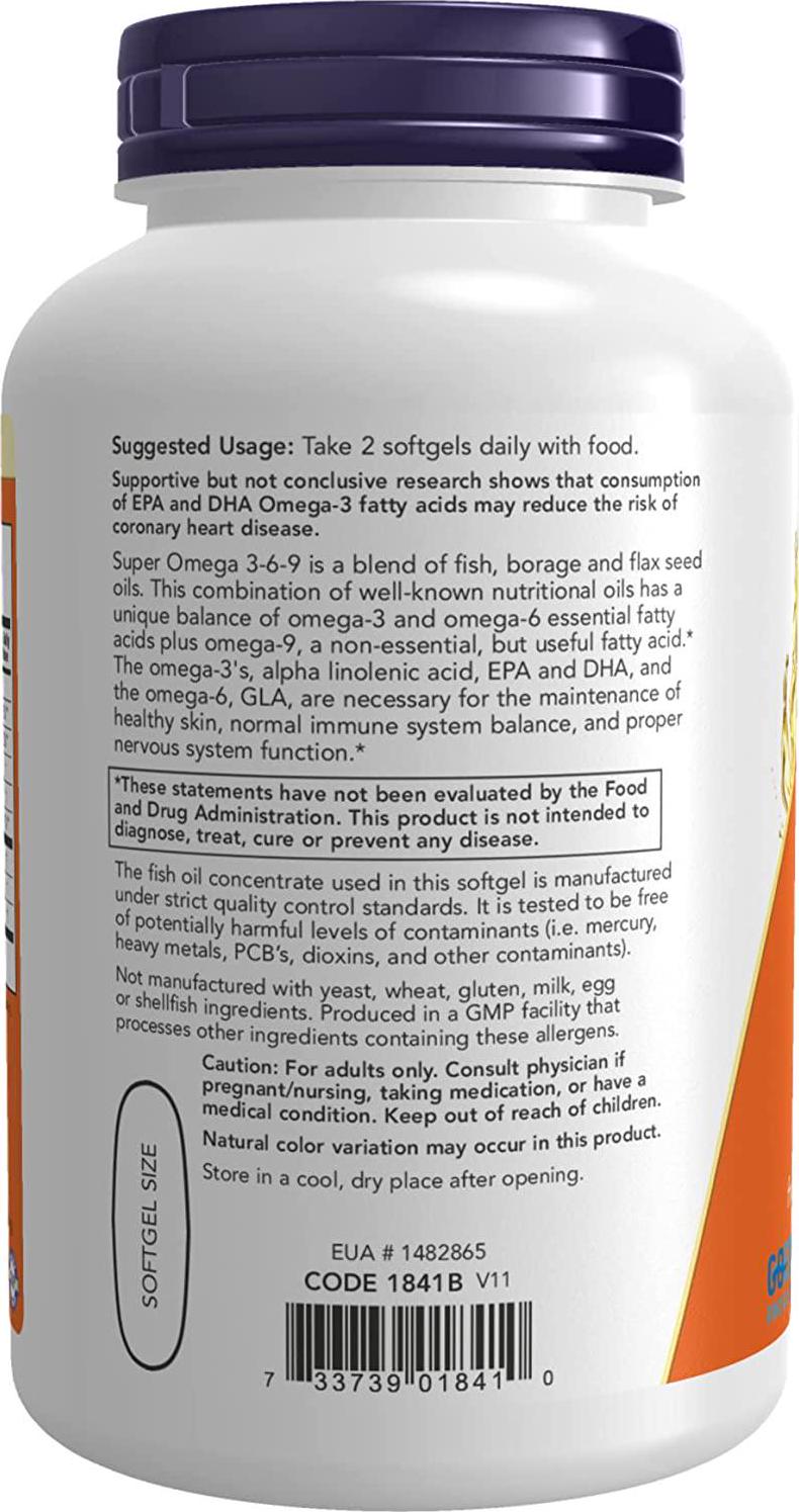 NOW Supplements, Super Omega 3-6-9 1200 mg with a blend of Fish, Borage and Flax Seed Oils, 180 Softgels