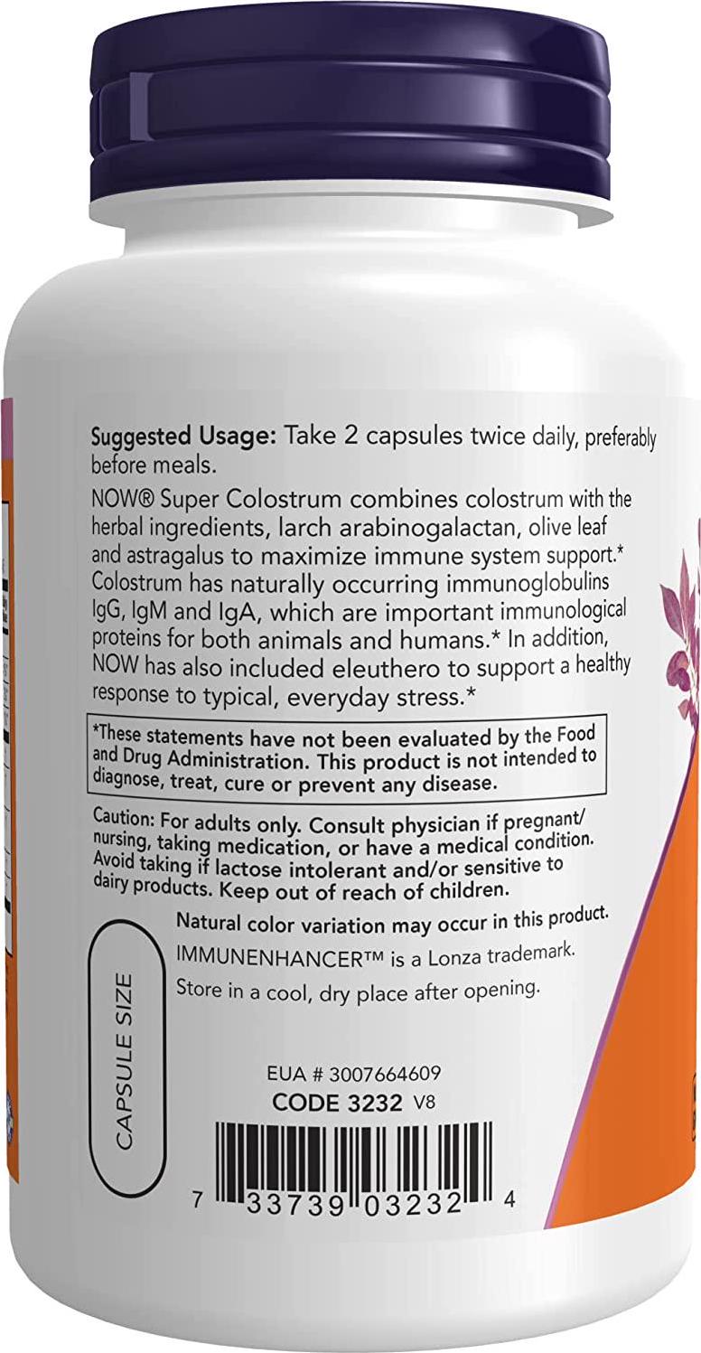 NOW Supplements, Super Colostrum 500 mg, Naturally occurring Immunoglobulins with ImmunEnhancer , Olive Leaf Extract and Astragalus Root, 90 Veg Capsules