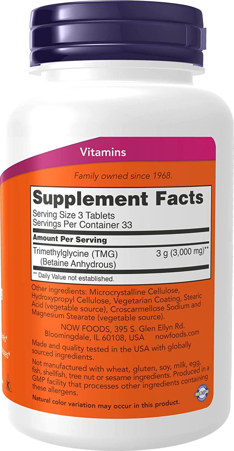 NOW Supplements, TMG Betaine (Trimethylglycine) 1,000 mg, Liver Support*, 100 Tablets