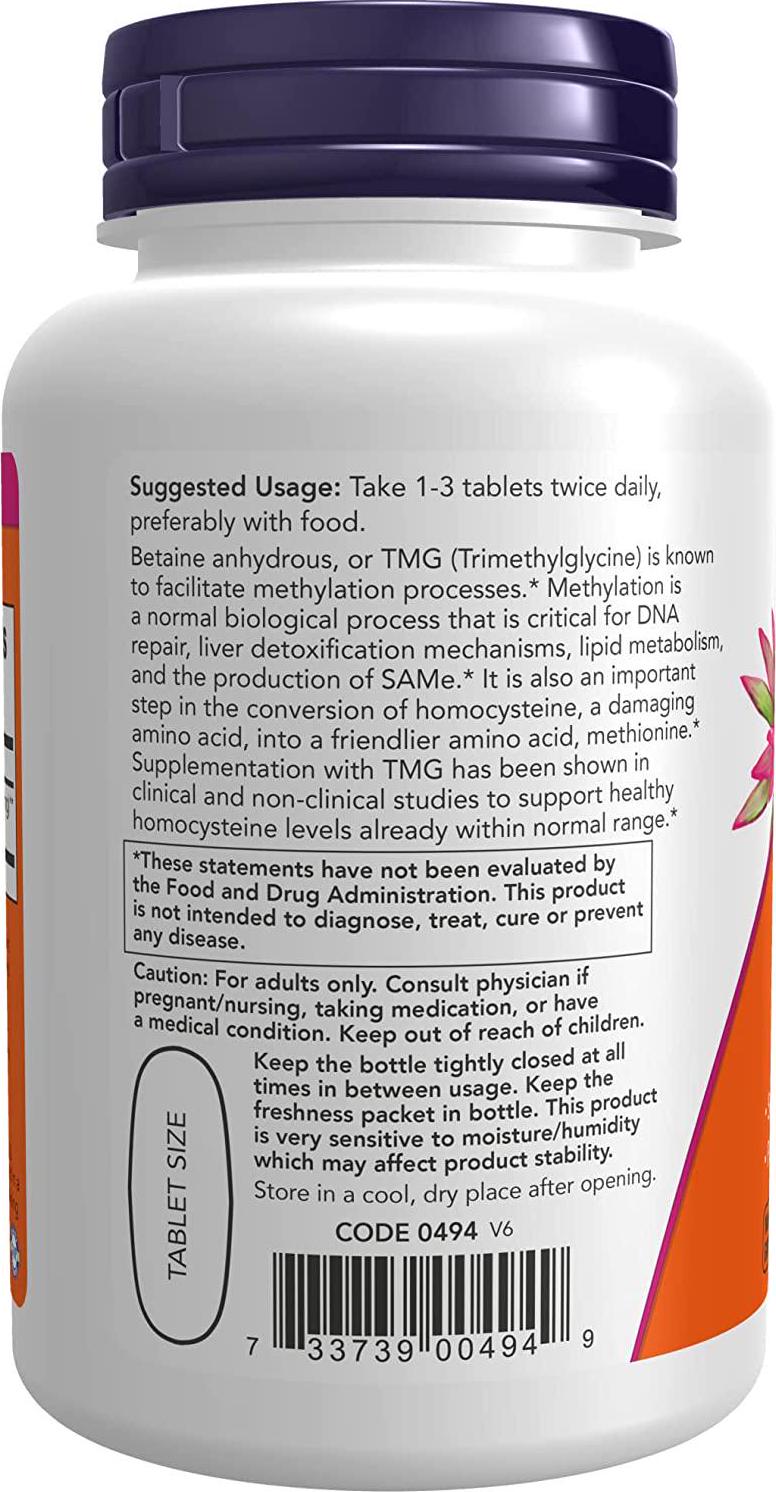 NOW Supplements, TMG Betaine (Trimethylglycine) 1,000 mg, Liver Support*, 100 Tablets