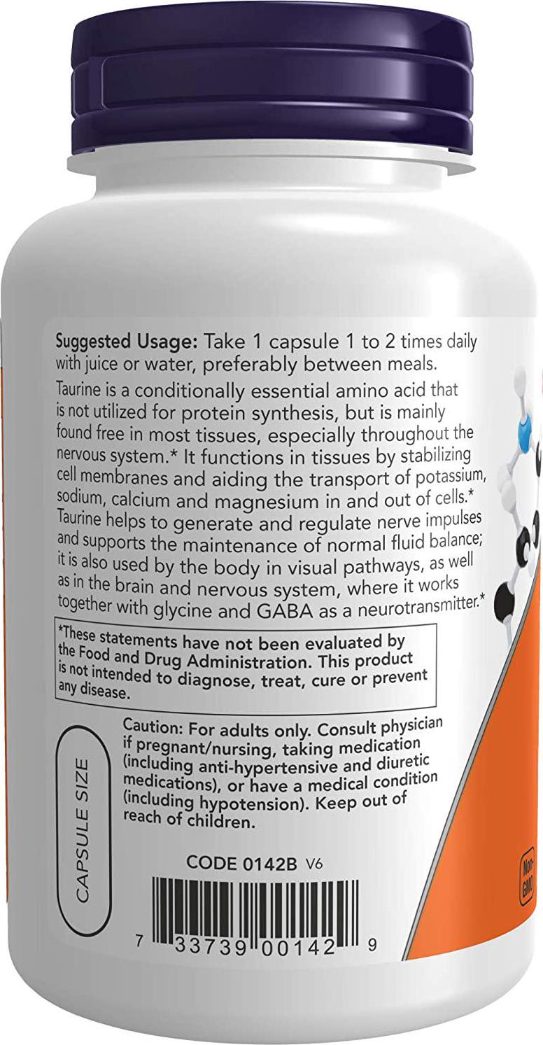 NOW Supplements, Taurine 1,000 mg, Double Strength, Nervous System Health*, 100 Veg Capsules