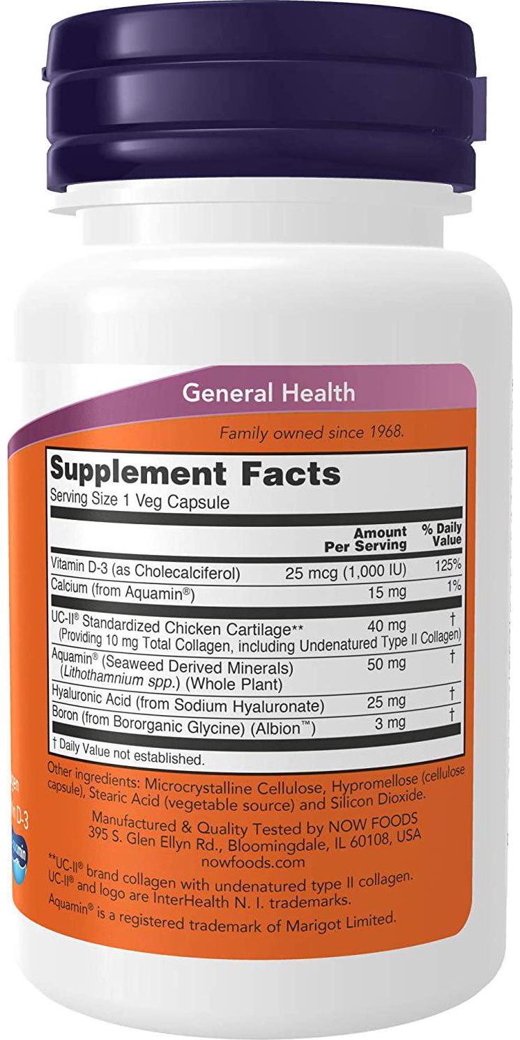 NOW Supplements, UC-II Advanced Joint Relief with Undenatured Type II Collagen, plus Hyaluronic Acid, Boron, Vitamin D-3, 60 Veg Capsules
