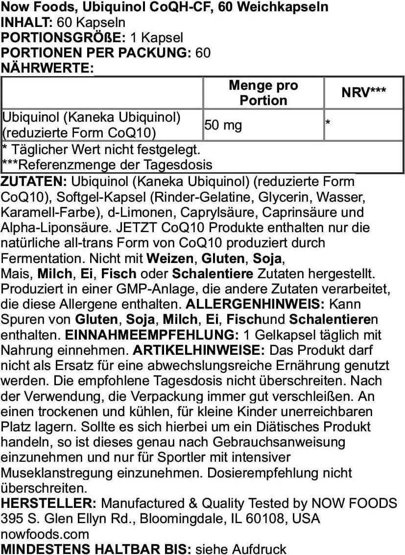 NOW Supplements, Ubiquinol CoQH-CF (the Active Form of CoQ10 - 50 mg with Superior Bioavailability), 60 Softgels