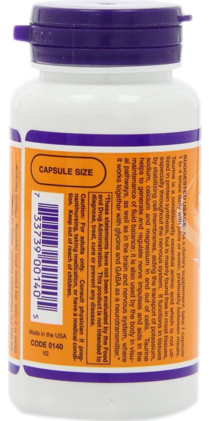 NOW Taurine 500mg, 100 Capsules (Pack of 3)