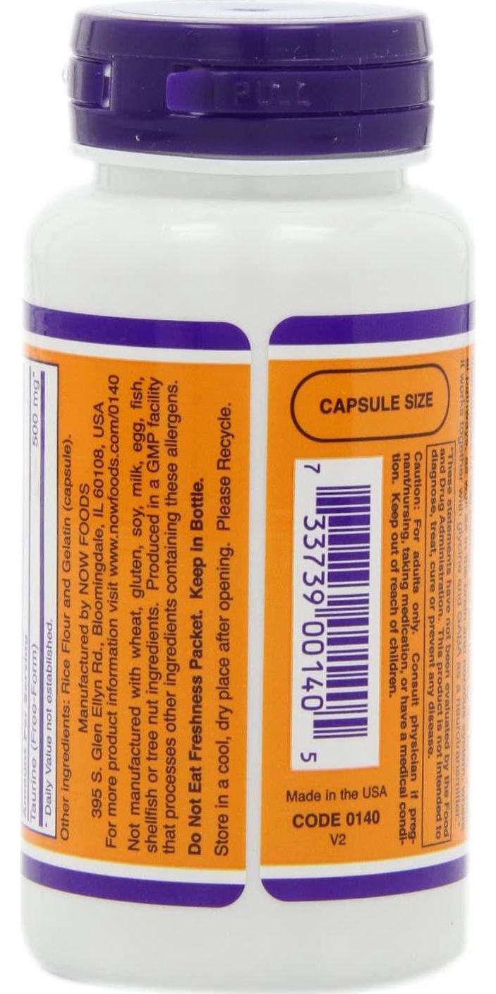 NOW Taurine 500mg, 100 Capsules (Pack of 3)