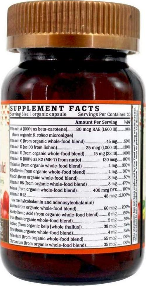 NUTRIGOLD - ONE DAILY WOMEN'S MULTI GOLD 30cap (Organic, non-GMO, whole-food vitamins and minerals from real fruits, vegetables, and herbs. Convenient one-per-day vegan capsules!) 30 Servings