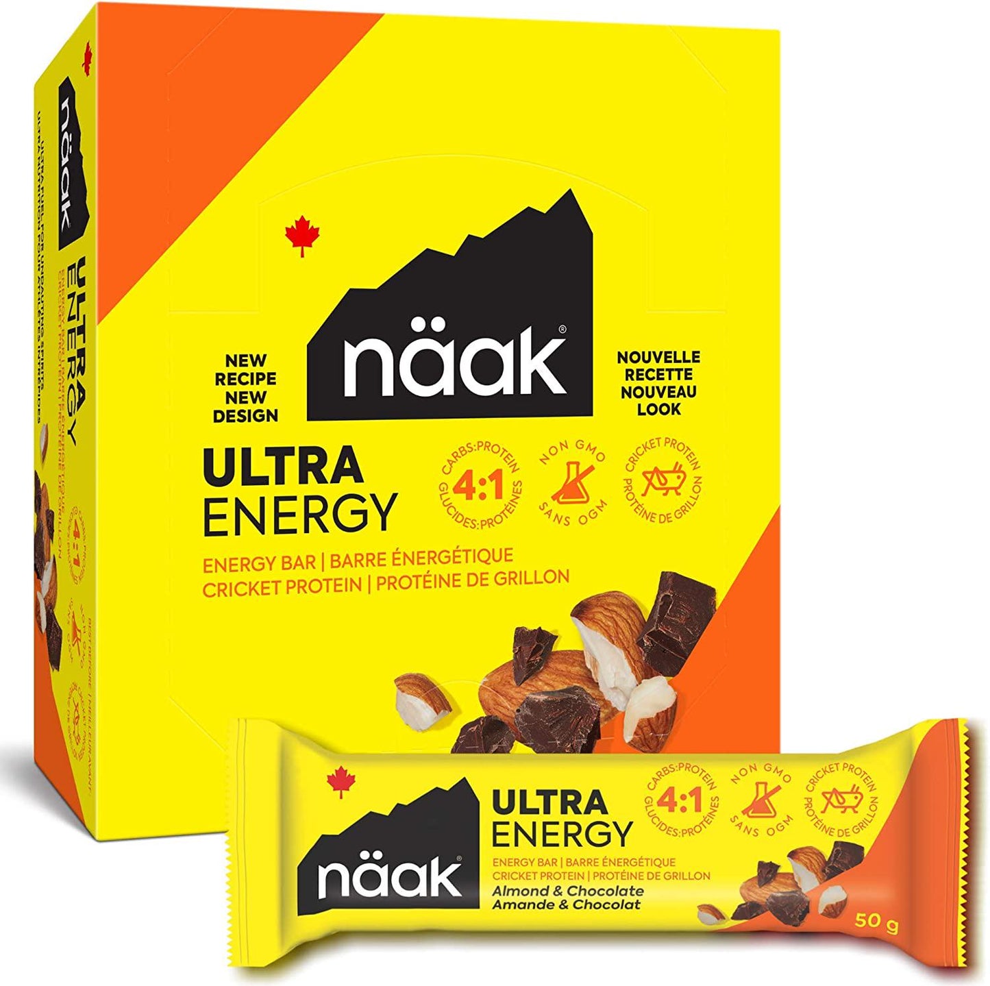 Näak Almond and Chocolate Ultra Energy Bars, 12 Pack, High Protein Snack, High Fiber, Dairy Free, Cricket Protein