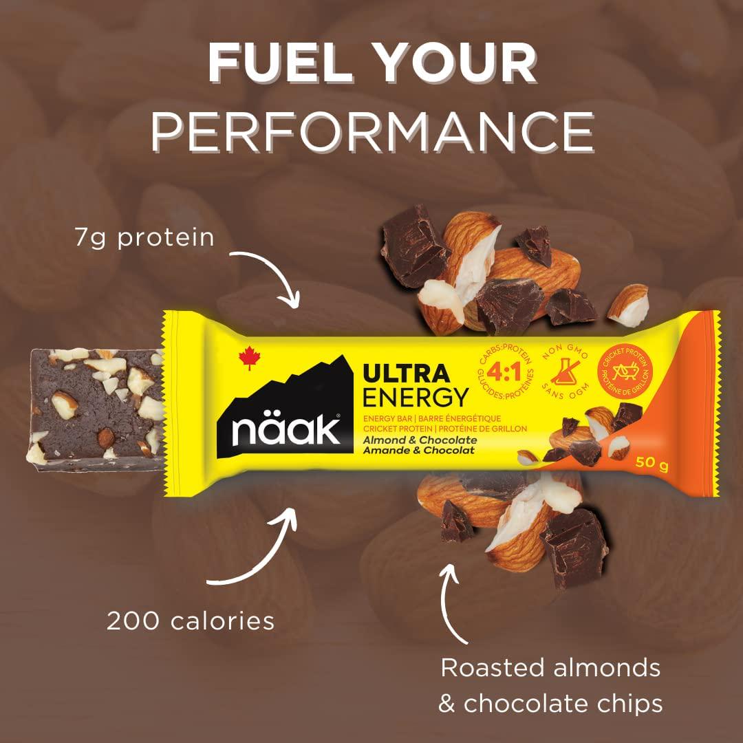 Näak Almond and Chocolate Ultra Energy Bars, 12 Pack, High Protein Snack, High Fiber, Dairy Free, Cricket Protein