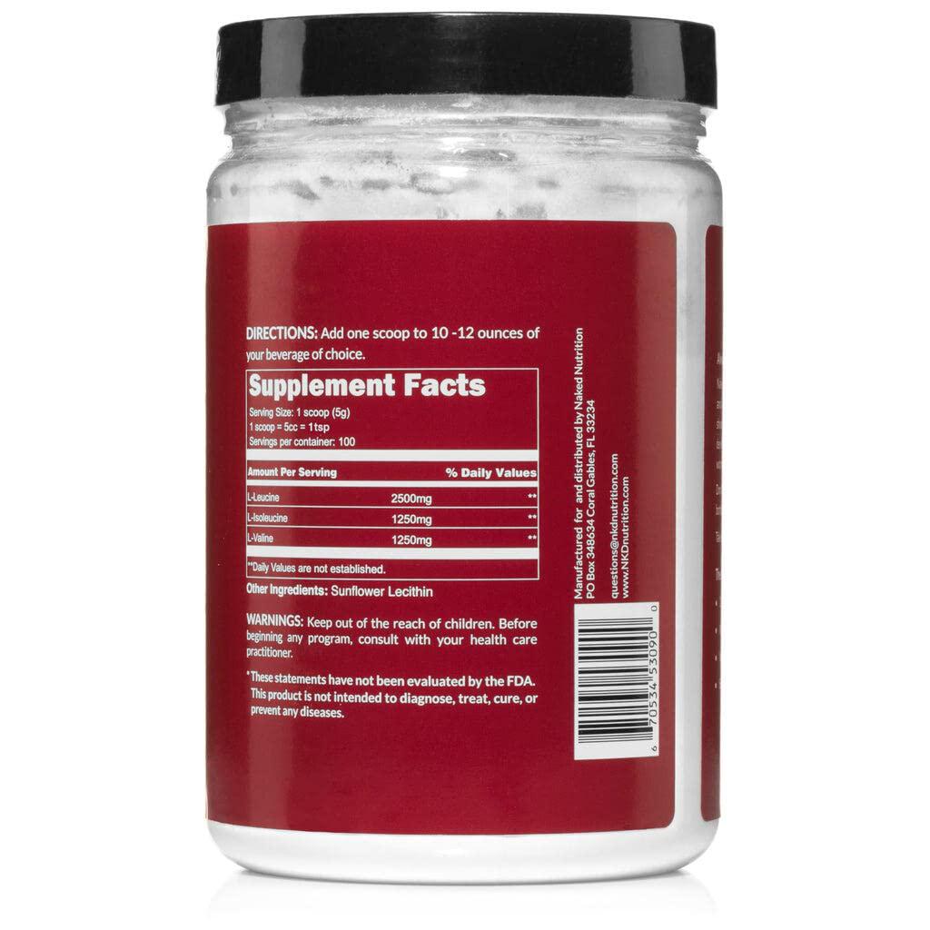 Naked BCAAs Amino Acids Powder - 100 Servings - Vegan Unflavored Branched Chain Amino Acids 500 Grams - 100% Pure 2:1:1 Formula - Instantized All Natural BCAA Powder Supplement to Increase Gains