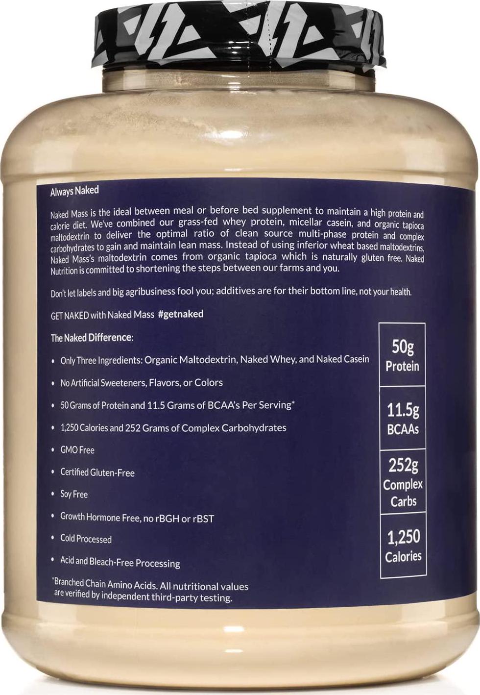 Naked Mass - Natural Weight Gainer Protein Powder - 8lb Bulk, GMO Free, Gluten Free and Soy Free. No Artificial Ingredients - 1,250 Calories - 11 Servings