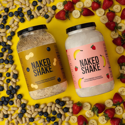 Naked Shake Vegan Protein Powder, Strawberry Banana Flavored Plant Based Protein from US and Canadian Farms with MCT Oil, Gluten-Free, Soy-Free, No GMOs or Artificial Sweeteners 30 Servings