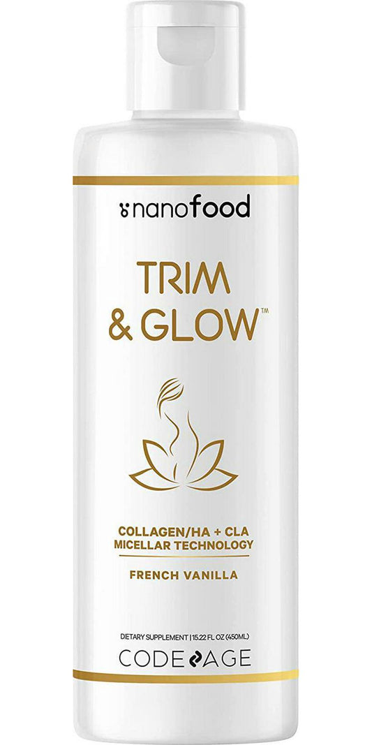 Nanofood Liposomal Trim and Glow, CLA Conjugated Linoleic Acid + Hyaluronic Acid, TriCollagen Liquid Supplement Vanilla Flavor, Hydrolyzed Peptides, Vitamin E, Chondroitin and Whey Protein, 15.22 fl oz