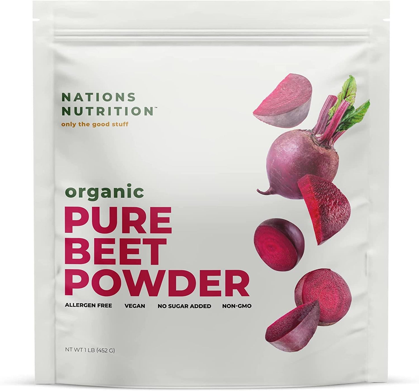 Nations Nutrition Organic Pure Beet Root Powder - Nitric Oxide Circulation Superfood, Supports Blood Pressure, Blood Flow and Heart Health - Increase Stamina and Natural Energy, 30+ Servings (1 LB Bag)