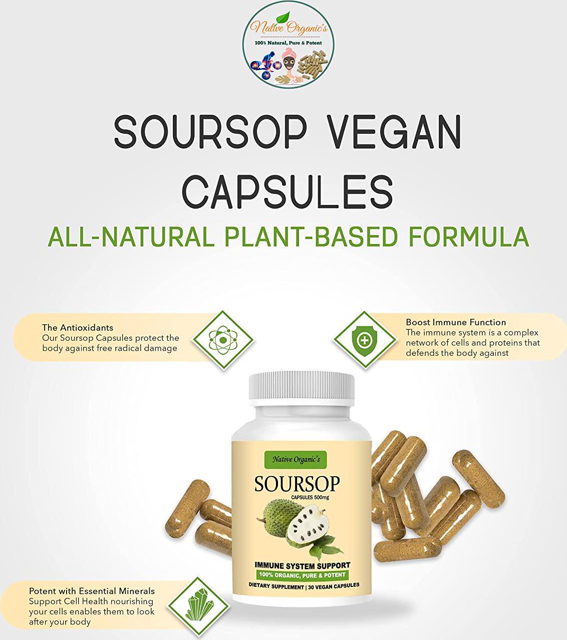 Native Organic's Soursop (Graviola) Capsules 500 mg - Promotes Healthy Cell Growth, Boost Immunity, Essential Antioxidants and Minerals- Leafs, Fruit and Seeds Extract, 30 Capsules