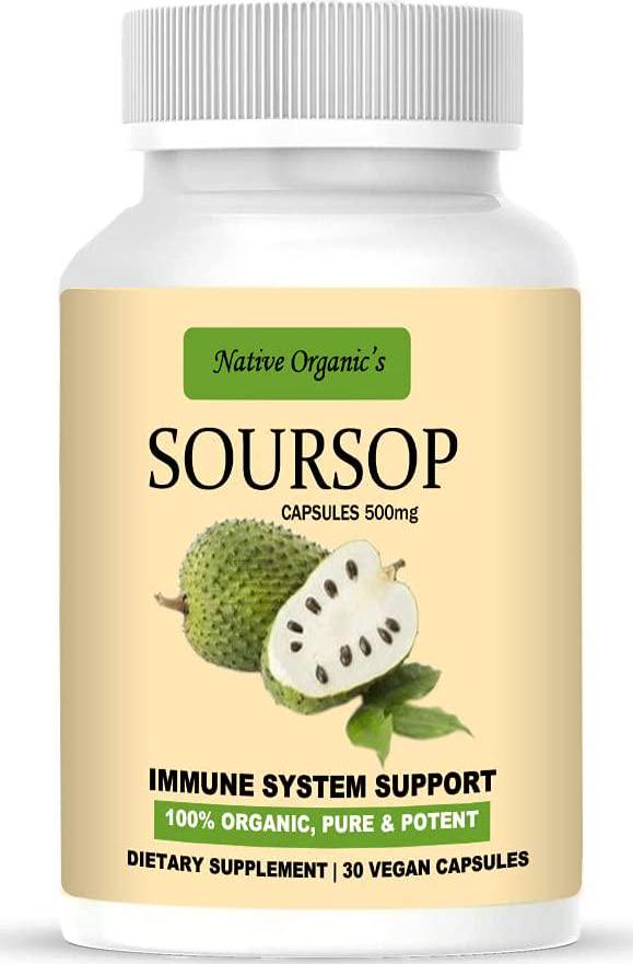 Native Organic's Soursop (Graviola) Capsules 500 mg - Promotes Healthy Cell Growth, Boost Immunity, Essential Antioxidants and Minerals- Leafs, Fruit and Seeds Extract, 30 Capsules