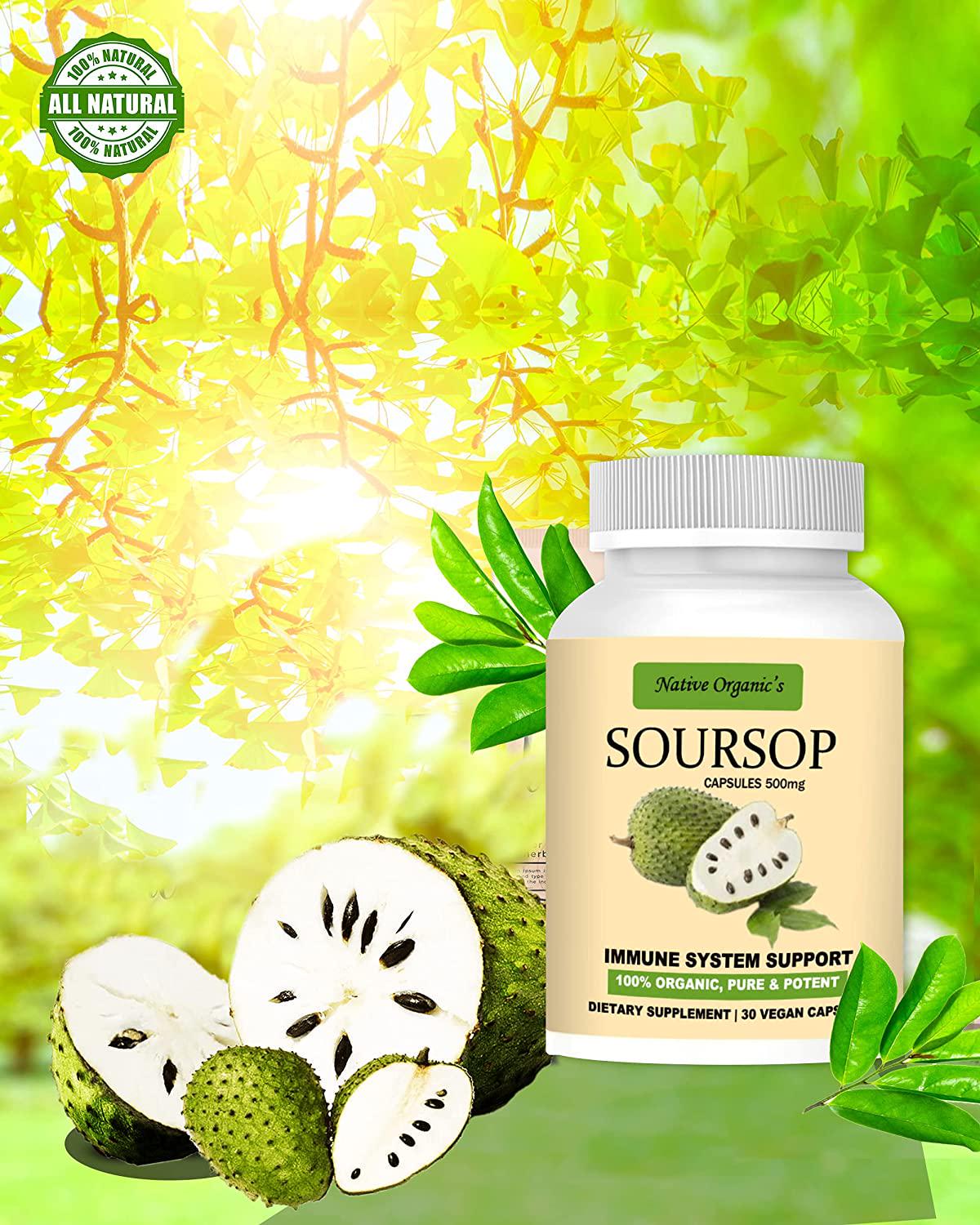 Native Organic's Soursop (Graviola) Capsules 500 mg - Promotes Healthy Cell Growth, Boost Immunity, Essential Antioxidants and Minerals- Leafs, Fruit and Seeds Extract, 30 Capsules