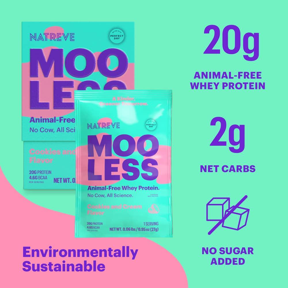 Natreve MOOLESS Animal Free Whey Protein Powder - 20g Lactose Free Protein Powder with Amino Acids - Gluten Free Cookies and Cream, 10 Servings
