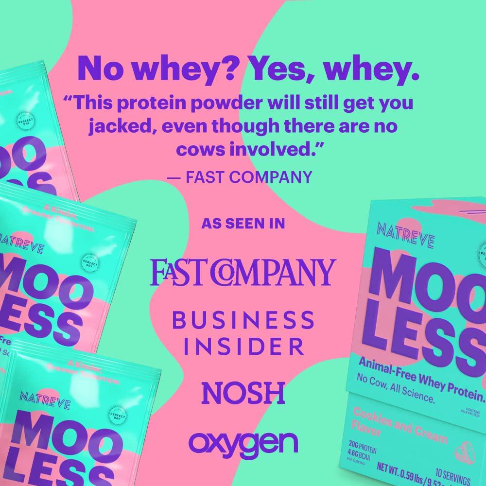 Natreve MOOLESS Animal Free Whey Protein Powder - 20g Lactose Free Protein Powder with Amino Acids - Gluten Free Cookies and Cream, 10 Servings