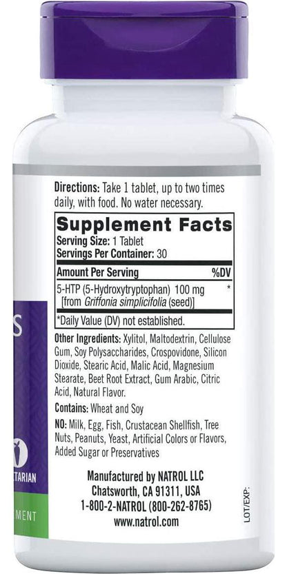 Natrol 5-HTP Fast Dissolve Tablets, Promotes a Calm Relaxed Mood, Helps Maintain a Positive Outlook, Enables Production of Serotonin, Drug-Free, Controlled Release, Maximum Strength, Wild Berry Flavor