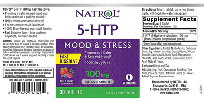 Natrol 5-HTP Fast Dissolve Tablets, Promotes a Calm Relaxed Mood, Helps Maintain a Positive Outlook, Enables Production of Serotonin, Drug-Free, Controlled Release, Maximum Strength, Wild Berry Flavor