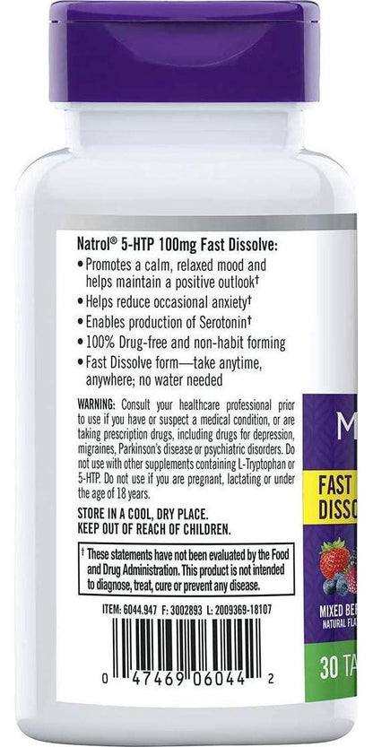 Natrol 5-HTP Fast Dissolve Tablets, Promotes a Calm Relaxed Mood, Helps Maintain a Positive Outlook, Enables Production of Serotonin, Drug-Free, Controlled Release, Maximum Strength, Wild Berry Flavor