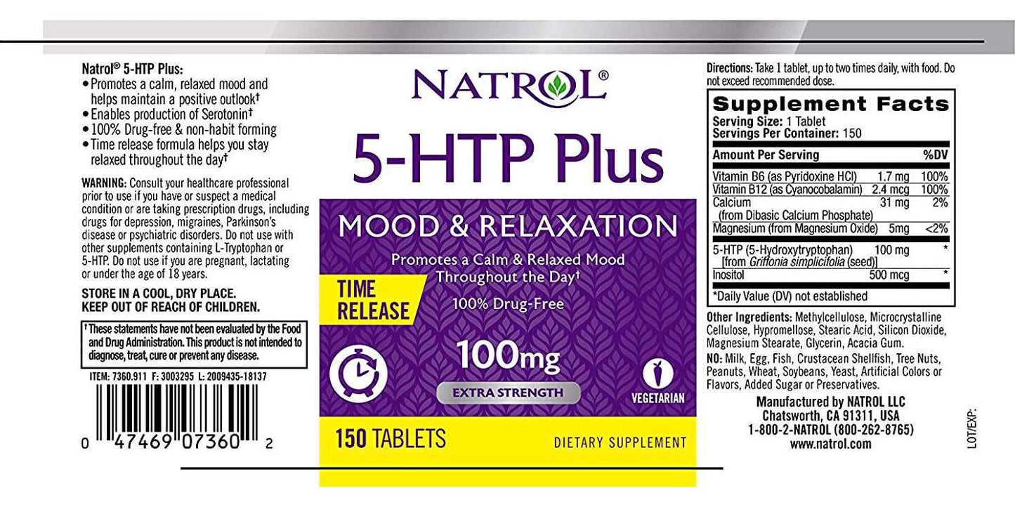 Natrol 5-HTP Plus Time Release, 100mg Tablets,150 Count