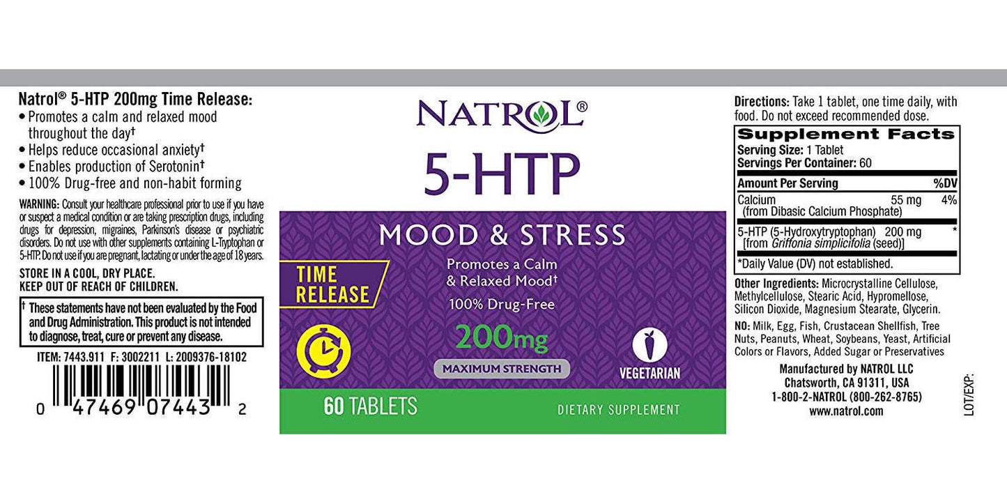 Natrol 5-HTP Time Release tablets, Promotes a Calm Relaxed Mood, Helps Maintain a Positive Outlook, Enables Production of Serotonin, Drug-Free, Controlled Release, Maximum Strength, 200mg, 60 Count